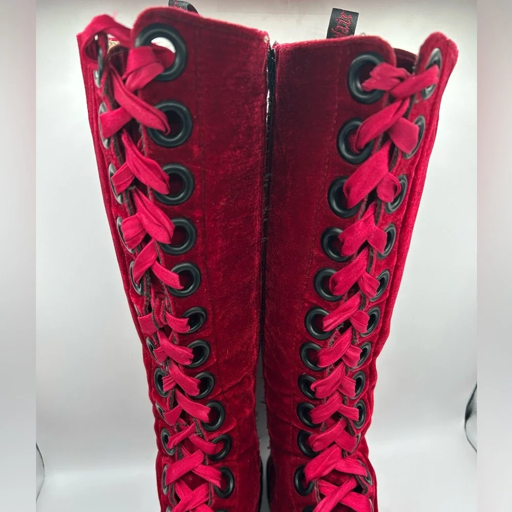 RARE Dr Martens red velvet  20 eye tall knee high zip Combat boots Men10 Women11 - Picture 8 of 16